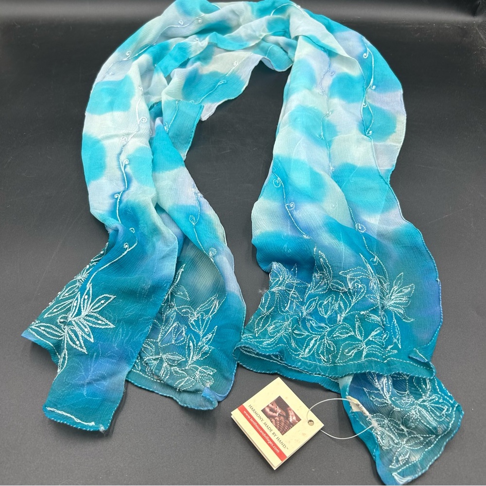 Ten Thousand Villages Silk Scarf Blue Embroidered Beaded Chiffon 60x18 NWT India